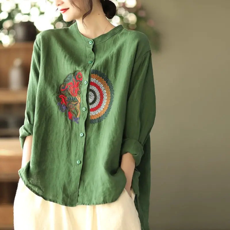 ✨ Vintage Embroidered Cotton Linen Blouse – Ethnic Style Long Sleeve Top