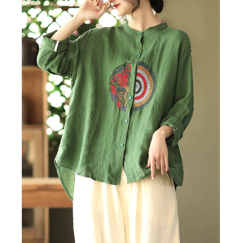 ✨ Vintage Embroidered Cotton Linen Blouse – Ethnic Style Long Sleeve Top
