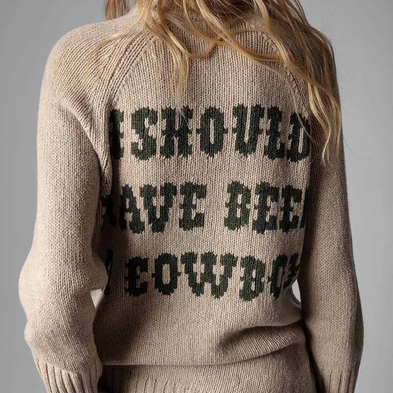 Khaki V-Neck Letter Knit Sweater – Cozy & Chic Winter Pullover