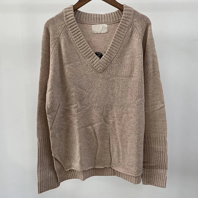 Khaki V-Neck Letter Knit Sweater – Cozy & Chic Winter Pullover