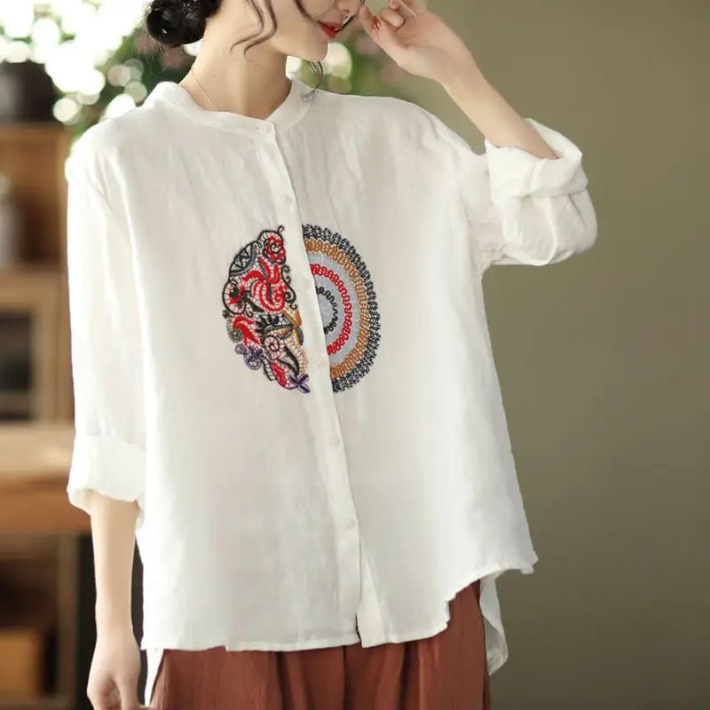 ✨ Vintage Embroidered Cotton Linen Blouse – Ethnic Style Long Sleeve Top