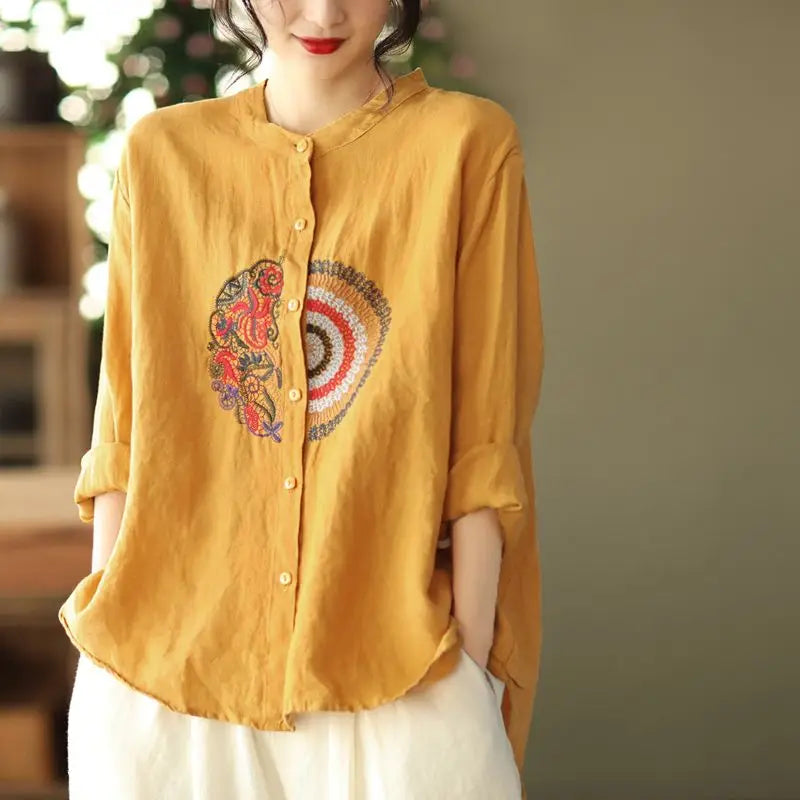 ✨ Vintage Embroidered Cotton Linen Blouse – Ethnic Style Long Sleeve Top
