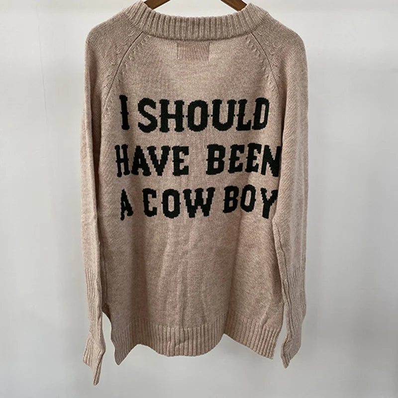 Khaki V-Neck Letter Knit Sweater – Cozy & Chic Winter Pullover