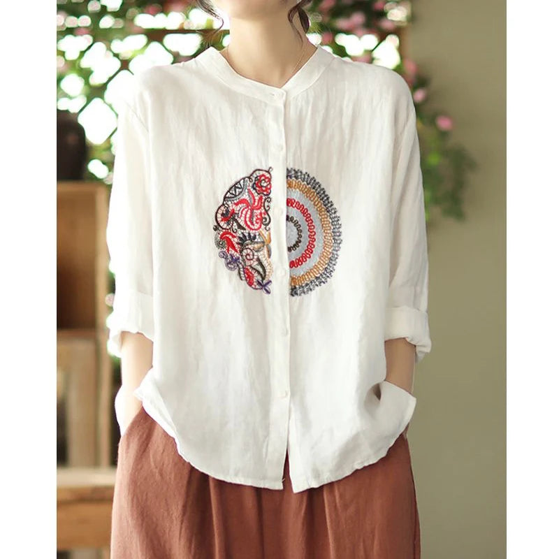 ✨ Vintage Embroidered Cotton Linen Blouse – Ethnic Style Long Sleeve Top