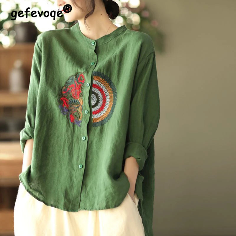 ✨ Vintage Embroidered Cotton Linen Blouse – Ethnic Style Long Sleeve Top